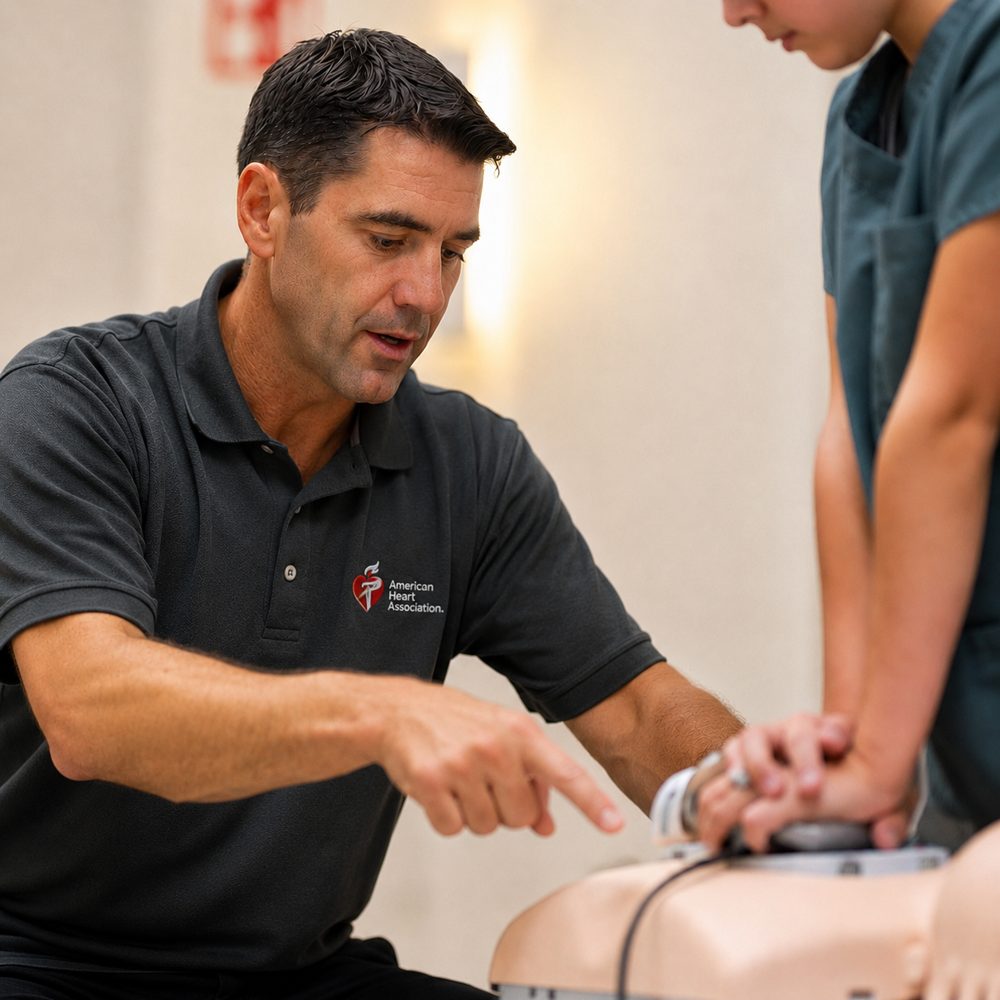 A male instructor in a dark polo with the American Heart Association logo, pointing as a student practices on a CPR manikin
