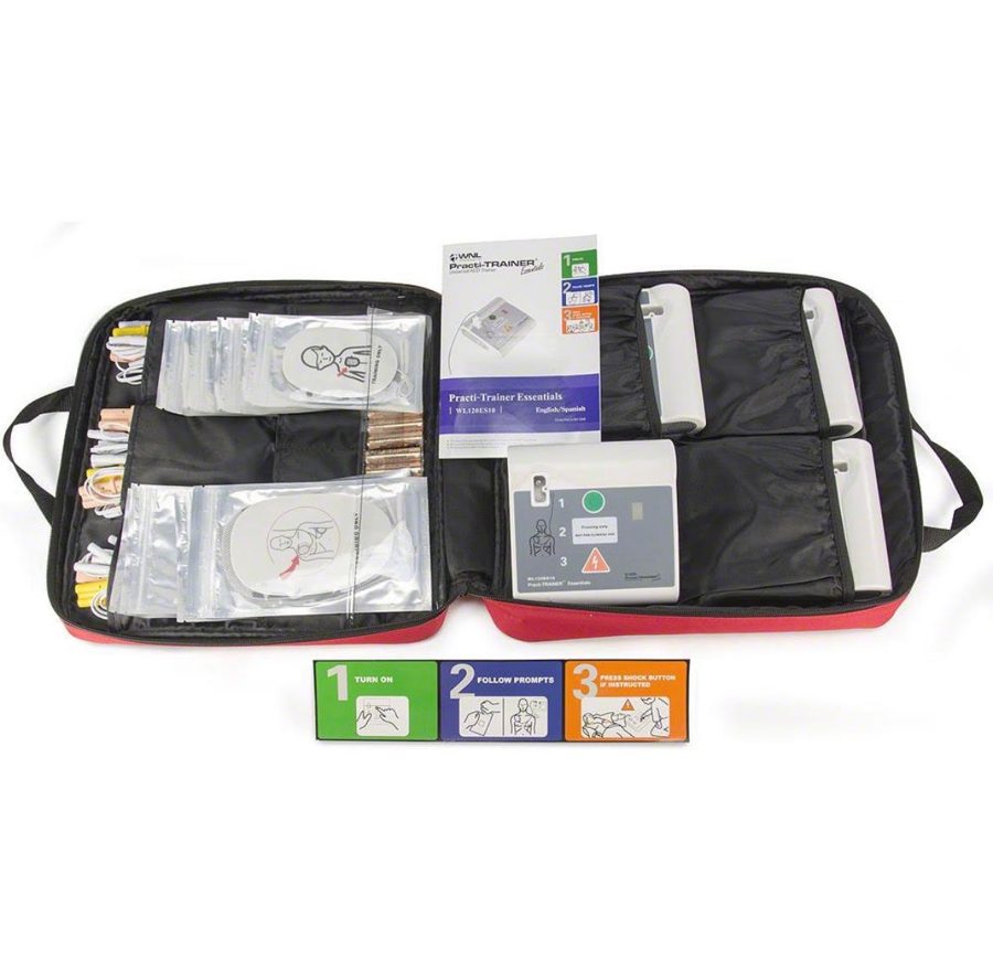 AED training kit with pads, training unit and step-by-step instructions