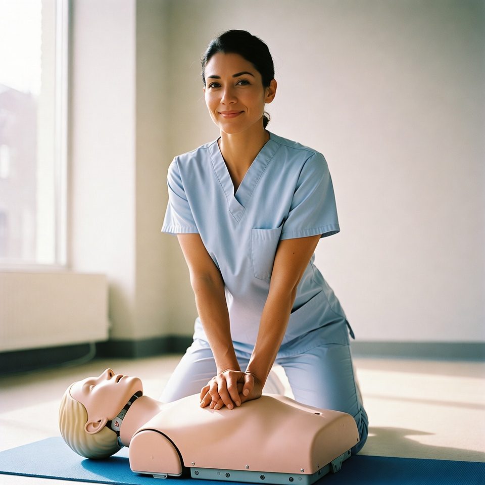 A nurse in light-blue scrubs performing CPR compressions on a training manikin in a sunlit training room